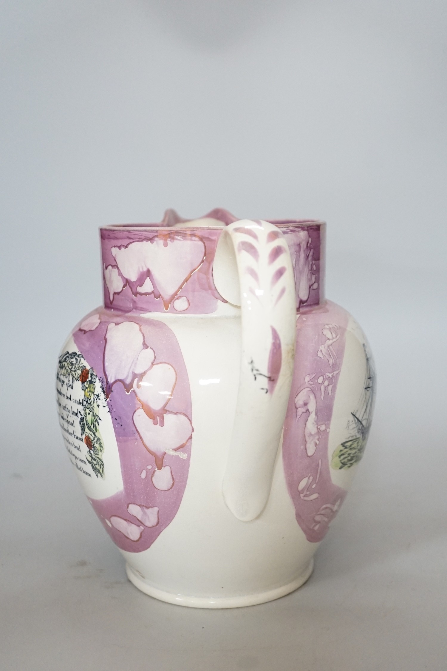 A large Sunderland pink lustre jug of The Iron Bridge, height 25cm